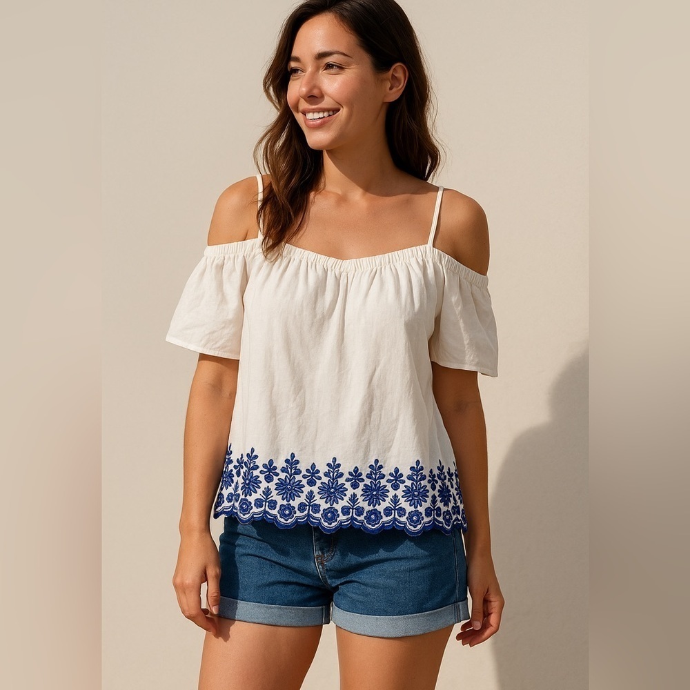 NWT Old Navy White Blouse with Blue Floral Accents
